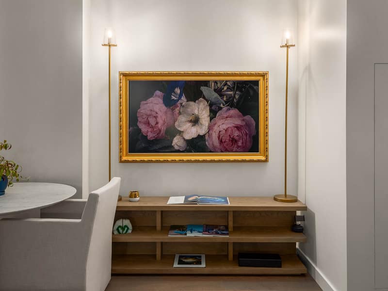 Staged dining and media area