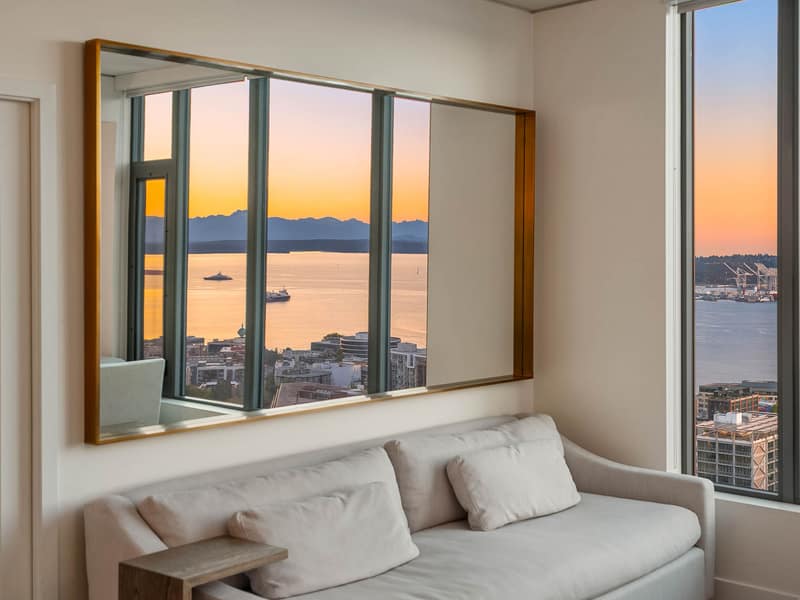 Western sunset reflected in the staged bedroom
