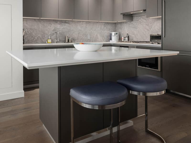 Front view of the staged kitchen seating area