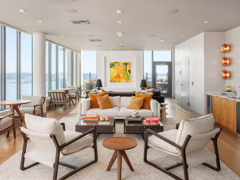 Wide view of the resident lounge seating