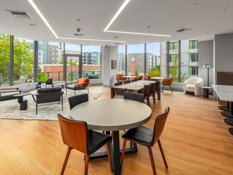 Common area with five private workspaces