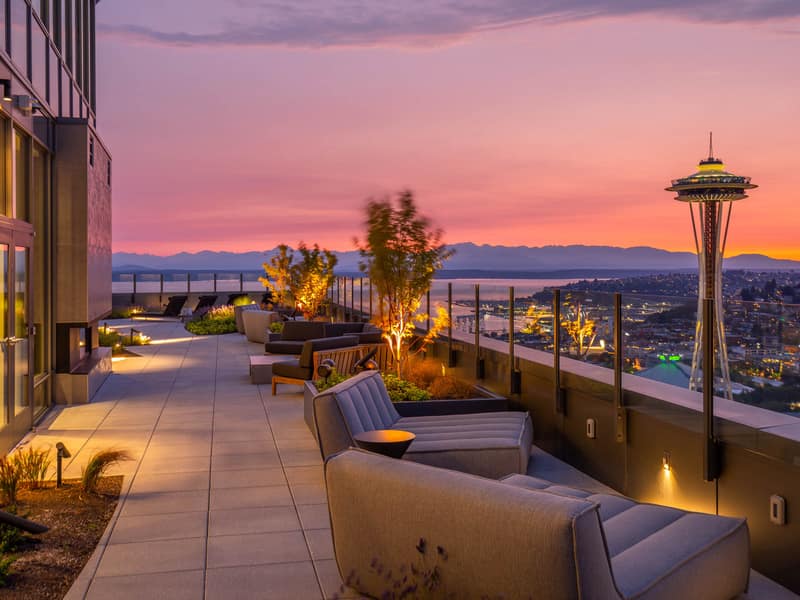 Outdoor terrace seating at dusk
