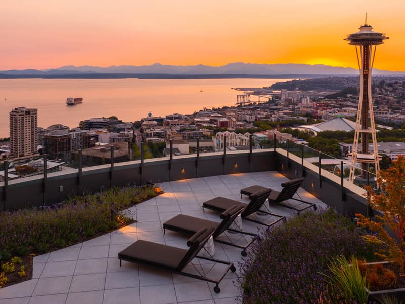 Rooftop lounge with sunset views