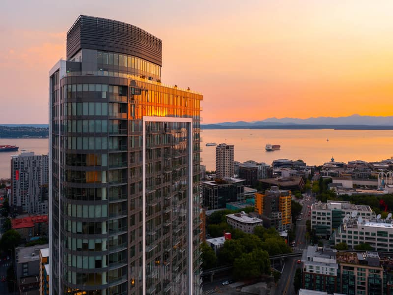 Close view of the SPIRE tower at sunset