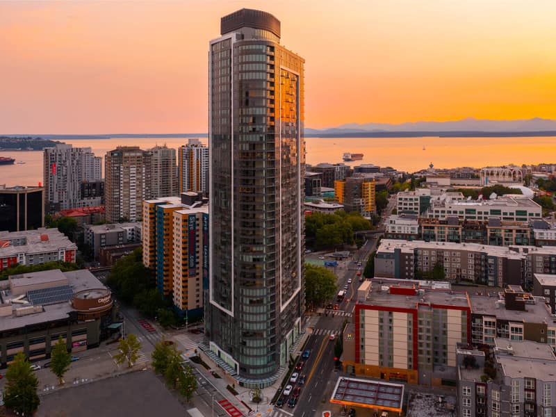 SPIRE tower set against the city skyline at sunset